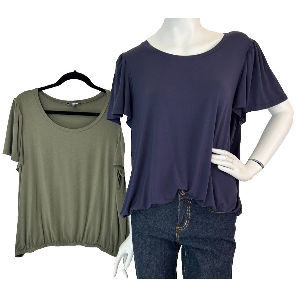 Express Tees Size X-Large Flutter Sleeve Banded SET OF TWO Rayon Blue Green EUC